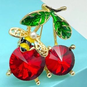 Cherry Brooch Cherry Pin Bee on Cherry Brooch